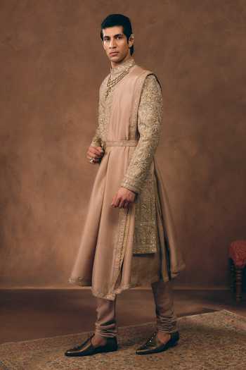 Shop_Mukti And Kavith Casa_Rose Gold Chanderi, Tissue, Silk Dynasty Embroidered Sherwani Set _Online_at_Aza_Fashions