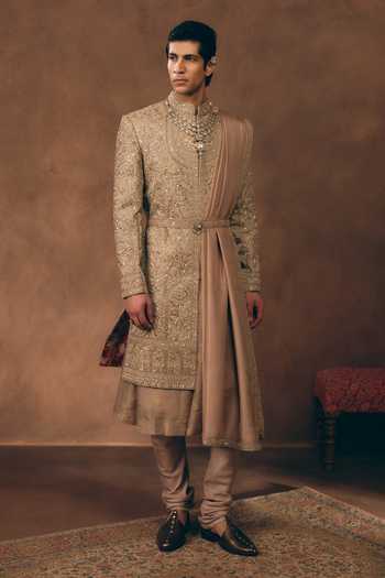 Mukti And Kavith Casa_Rose Gold Chanderi, Tissue, Silk Dynasty Embroidered Sherwani Set _at_Aza_Fashions