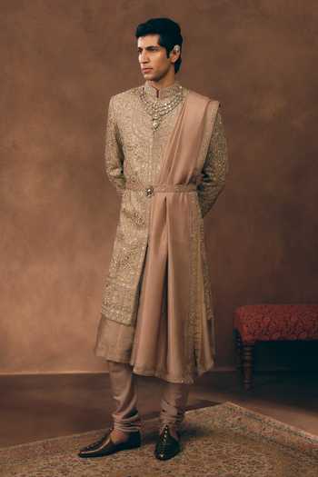 Buy_Mukti And Kavith Casa_Rose Gold Chanderi, Tissue, Silk Dynasty Embroidered Sherwani Set 