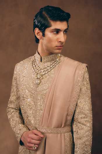 Shop_Mukti And Kavith Casa_Rose Gold Chanderi, Tissue, Silk Dynasty Embroidered Sherwani Set 