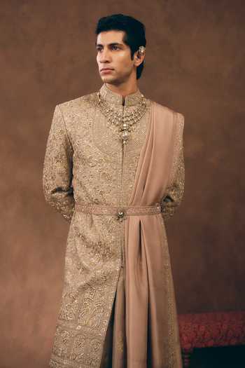 Mukti And Kavith Casa_Rose Gold Chanderi, Tissue, Silk Dynasty Embroidered Sherwani Set _Online