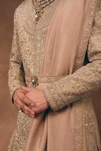 Buy_Mukti And Kavith Casa_Rose Gold Chanderi, Tissue, Silk Dynasty Embroidered Sherwani Set _Online