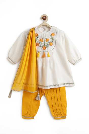 Tiber Taber_Orange Cotton Marigold Embroidered Kurta Set _at_Aza_Fashions