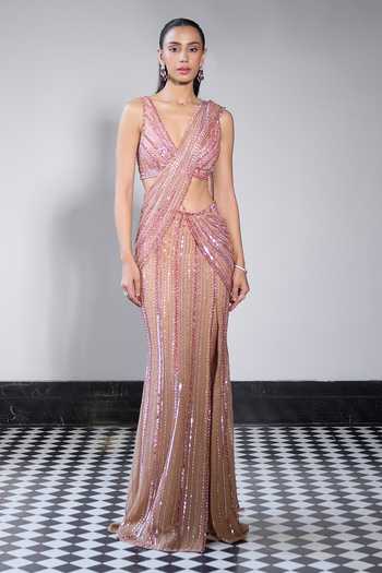 Buy_Ohaila Khan_Rose Gold Crepe, Tulle V-neck Hand Embroidered Pre-draped Saree Set _Online_at_Aza_Fashions