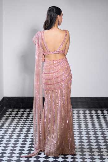 Shop_Ohaila Khan_Rose Gold Crepe, Tulle V-neck Hand Embroidered Pre-draped Saree Set _at_Aza_Fashions