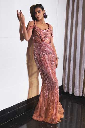 Buy_Ohaila Khan_Rose Gold Crepe, Tulle Embroidery, Sequins, Crystals Sweetheart Neck Hand Gown _at_Aza_Fashions