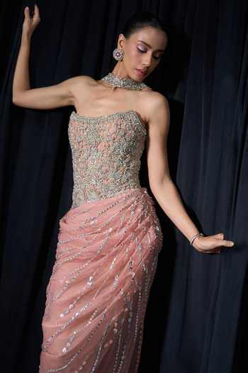 Buy_Ohaila Khan_Rose Gold Crepe, Tulle Embroidery, Stones, Crystals Bandeau Gown And Stole Set _Online_at_Aza_Fashions