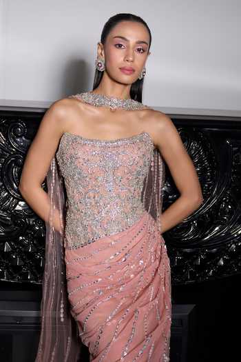 Shop_Ohaila Khan_Rose Gold Crepe, Tulle Embroidery, Stones, Crystals Bandeau Gown And Stole Set _Online_at_Aza_Fashions