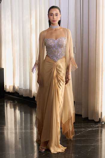 Shop_Ohaila Khan_Ivory Organza, Crepe, Tulle Crystals, Diamonds Hand Embroidered Corset Skirt Set _at_Aza_Fashions