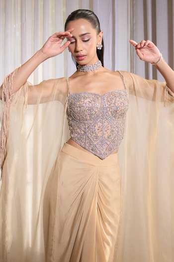 Shop_Ohaila Khan_Ivory Organza, Crepe, Tulle Crystals, Diamonds Hand Embroidered Corset Skirt Set _Online_at_Aza_Fashions