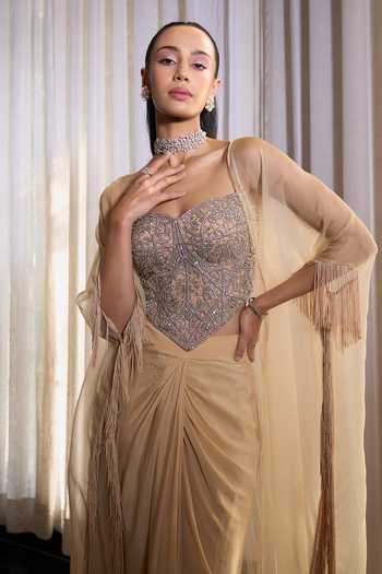 Buy_Ohaila Khan_Ivory Organza, Crepe, Tulle Crystals, Diamonds Hand Embroidered Corset Skirt Set 
