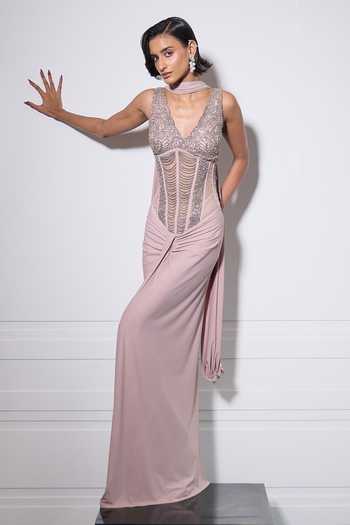 Ohaila Khan_Beige Tulle, Lycra Embroidery, Sequins, Beads Hand Corset With Pre-draped Saree _Online_at_Aza_Fashions