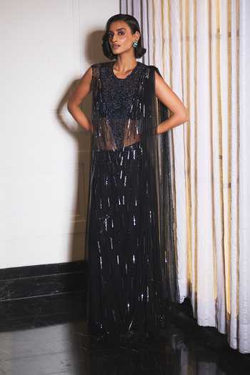 Buy_Ohaila Khan_Black Tulle Round Neck Hand Embroidered Cape Pant Set _at_Aza_Fashions