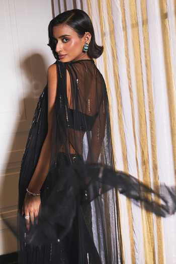 Shop_Ohaila Khan_Black Tulle Round Neck Hand Embroidered Cape Pant Set _at_Aza_Fashions