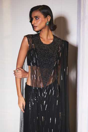 Ohaila Khan_Black Tulle Round Neck Hand Embroidered Cape Pant Set _Online_at_Aza_Fashions