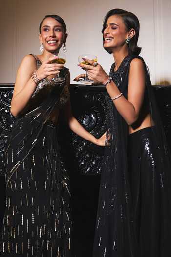 Buy_Ohaila Khan_Black Tulle Round Neck Hand Embroidered Cape Pant Set _Online_at_Aza_Fashions