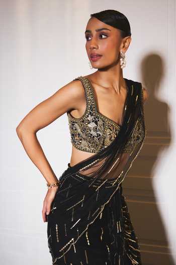 Buy_Ohaila Khan_Black Crepe, Tulle Square Neck Hand Embroidered Pre-draped Saree And Blouse Set  _Online_at_Aza_Fashions