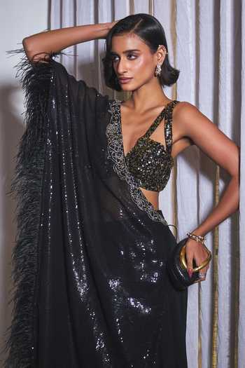 Buy_Ohaila Khan_Black Crepe, Tulle V-neck Hand Embroidered Ruffle Pre-draped Saree Set _Online_at_Aza_Fashions