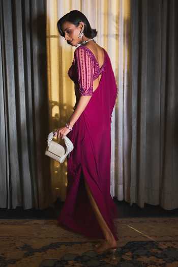 Shop_Ohaila Khan_Magenta Silk, Tulle V-neck Hand Embroidered Pre-draped Saree Set _at_Aza_Fashions