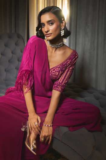 Buy_Ohaila Khan_Magenta Silk, Tulle V-neck Hand Embroidered Pre-draped Saree Set _Online_at_Aza_Fashions