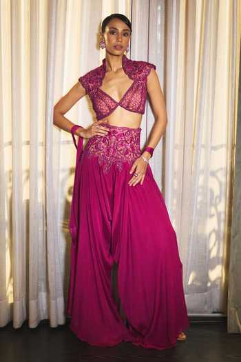 Buy_Ohaila Khan_Magenta Chiffon, Tulle V-neck Hand Embroidered Blouse Harem Pant Set _at_Aza_Fashions