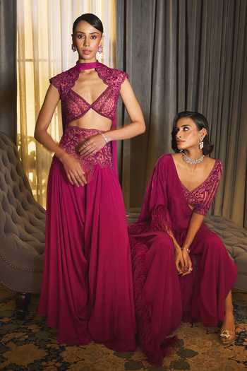 Buy_Ohaila Khan_Magenta Chiffon, Tulle V-neck Hand Embroidered Blouse Harem Pant Set _Online_at_Aza_Fashions