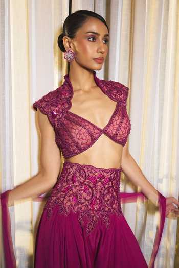 Shop_Ohaila Khan_Magenta Chiffon, Tulle V-neck Hand Embroidered Blouse Harem Pant Set _at_Aza_Fashions