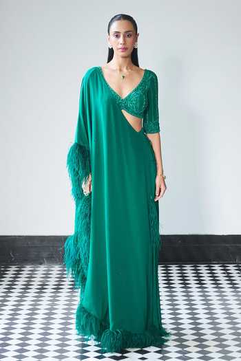 Shop_Ohaila Khan_Green Crepe, Tulle V-neck Hand Embroidered Blouse With Pre-draped Saree _at_Aza_Fashions