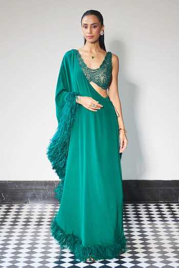 Buy_Ohaila Khan_Green Crepe, Tulle V-neck Hand Embroidered Blouse With Pre-draped Saree _at_Aza_Fashions