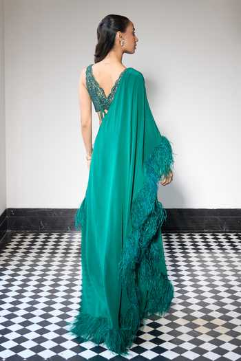 Shop_Ohaila Khan_Green Crepe, Tulle V-neck Hand Embroidered Blouse With Pre-draped Saree _at_Aza_Fashions