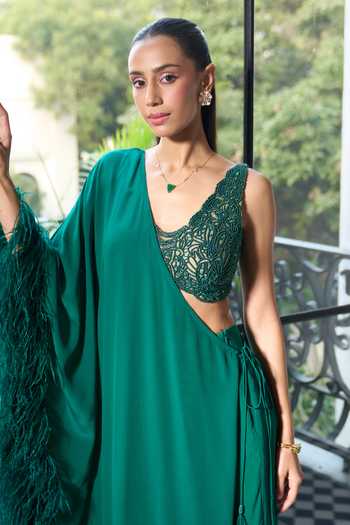 Buy_Ohaila Khan_Green Crepe, Tulle V-neck Hand Embroidered Blouse With Pre-draped Saree _Online_at_Aza_Fashions