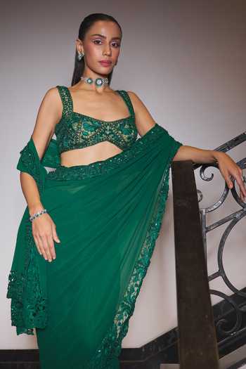 Shop_Ohaila Khan_Green Tulle, Georgette Square Neck Hand Embroidered Pre-draped Saree Set _Online_at_Aza_Fashions