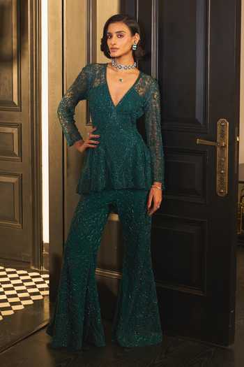 Buy_Ohaila Khan_Green Crepe, Tulle V-neck Embroidered Top And Sharara Set _at_Aza_Fashions