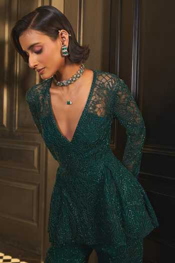 Shop_Ohaila Khan_Green Crepe, Tulle V-neck Embroidered Top And Sharara Set _Online_at_Aza_Fashions