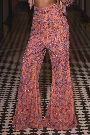 Ohaila Khan_Rose Gold Crepe, Tulle Open Neck, Bandeau Hand Embroidered Jacket Sharara Set _Online_at_Aza_Fashions