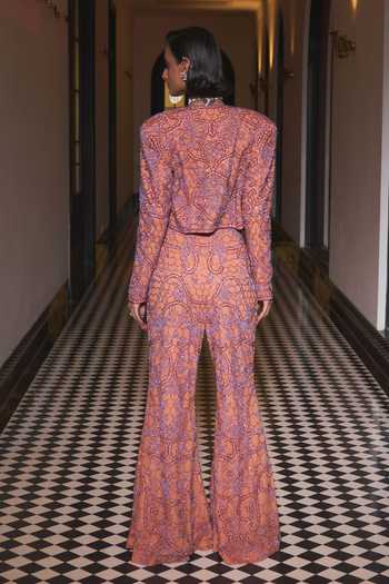 Shop_Ohaila Khan_Rose Gold Crepe, Tulle Open Neck, Bandeau Hand Embroidered Jacket Sharara Set _at_Aza_Fashions