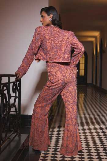 Shop_Ohaila Khan_Rose Gold Crepe, Tulle Open Neck, Bandeau Hand Embroidered Jacket Sharara Set _Online_at_Aza_Fashions