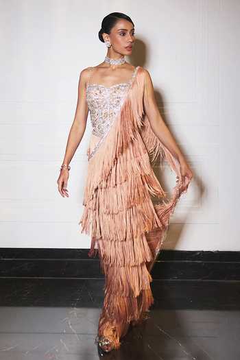 Buy_Ohaila Khan_Rose Gold Tulle, Lycra Sweetheart Fringed Tassel Pre-draped Saree And Blouse Set _Online_at_Aza_Fashions
