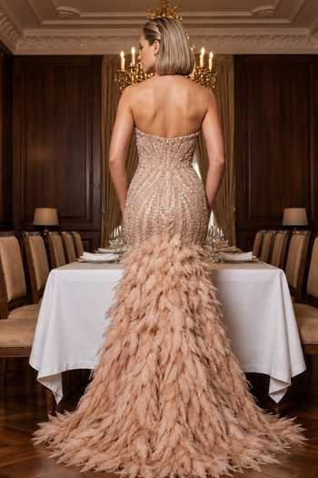 Shop_Amit GT_Peach Tulle, Crepe Sequins, Beads Bandeau Neck Hand Embroidered Gown _at_Aza_Fashions