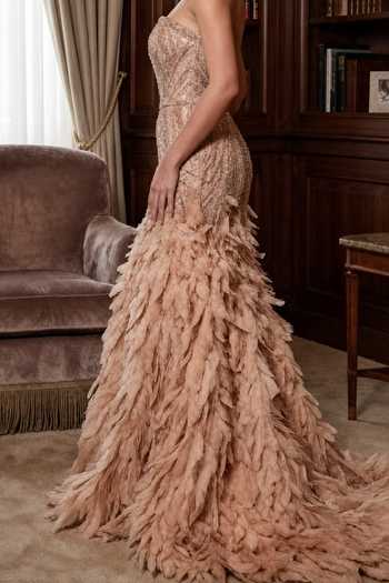 Amit GT_Peach Tulle, Crepe Sequins, Beads Bandeau Neck Hand Embroidered Gown _Online_at_Aza_Fashions