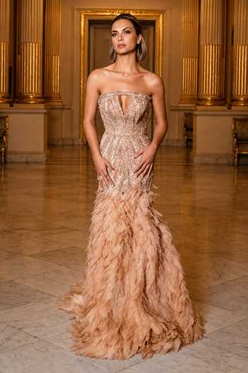 Buy_Amit GT_Peach Tulle, Crepe Sequins, Beads Bandeau Neck Hand Embroidered Gown _at_Aza_Fashions