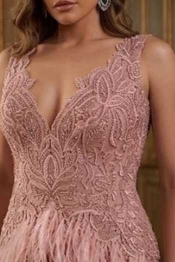 Amit GT_Pink Crepe, Tulle Beads, Feathers Sweetheart Neck Embroidered Gown _Online_at_Aza_Fashions