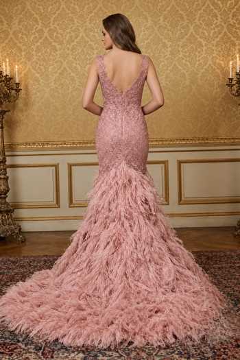 Shop_Amit GT_Pink Crepe, Tulle Beads, Feathers Sweetheart Neck Embroidered Gown _at_Aza_Fashions