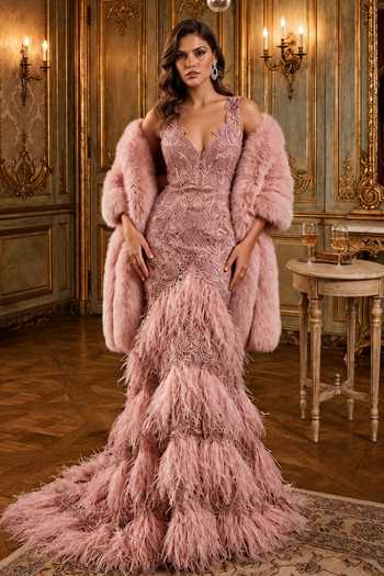 Buy_Amit GT_Pink Crepe, Tulle Beads, Feathers Sweetheart Neck Embroidered Gown _at_Aza_Fashions