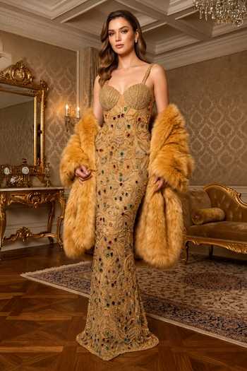 Buy_Amit GT_Gold Tulle Embroidery, Stones, Crystals Sweetheart Neck Gown _at_Aza_Fashions