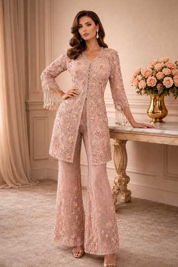Buy_Amit GT_Pink Crepe, Tulle V-neck, Yes Embroidered Kurta And Sharara Set _at_Aza_Fashions