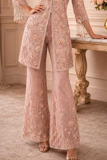 Amit GT_Pink Crepe, Tulle V-neck, Yes Embroidered Kurta And Sharara Set _Online_at_Aza_Fashions