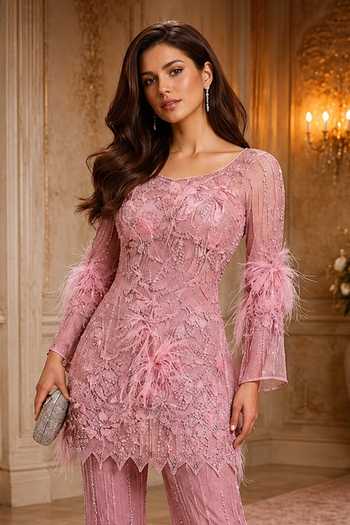 Amit GT_Pink Crepe, Tulle V-neck Embroidered Kurta And Sharara Set _Online_at_Aza_Fashions