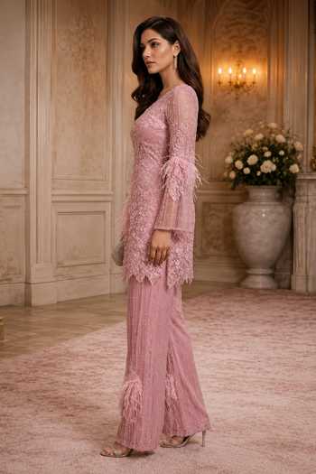 Buy_Amit GT_Pink Crepe, Tulle V-neck Embroidered Kurta And Sharara Set _Online_at_Aza_Fashions