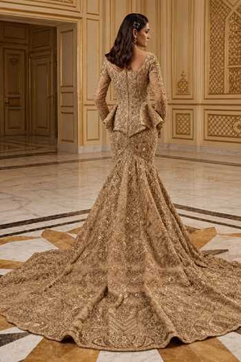 Shop_Amit GT_Gold Crepe, Tulle Plunge Neck Embroidered Peplum Top And Lehenga Set _at_Aza_Fashions